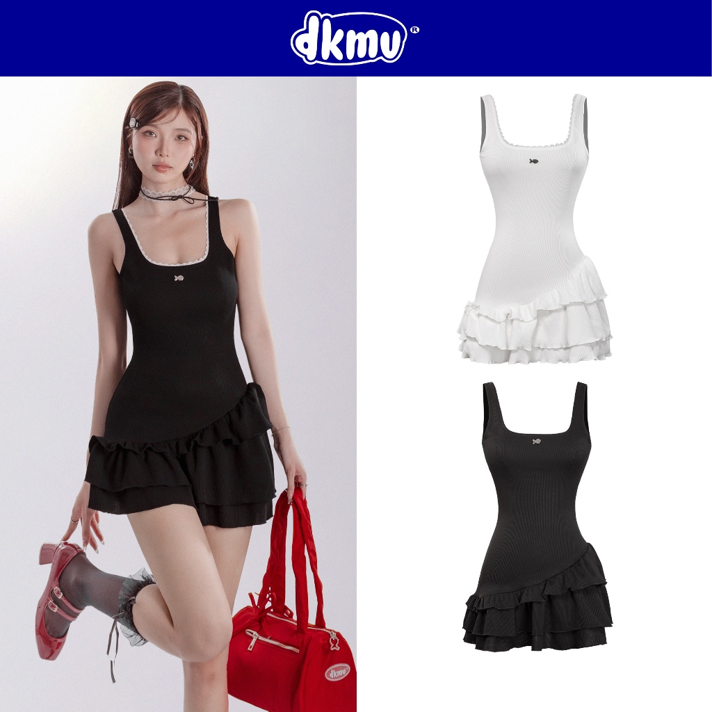  Váy cổ vuông hở lưng phối ren DKMV thiết kế 2 tà lệch ôm dáng kèm logo Cá đáng yêu Bennie Dress | K-D17 