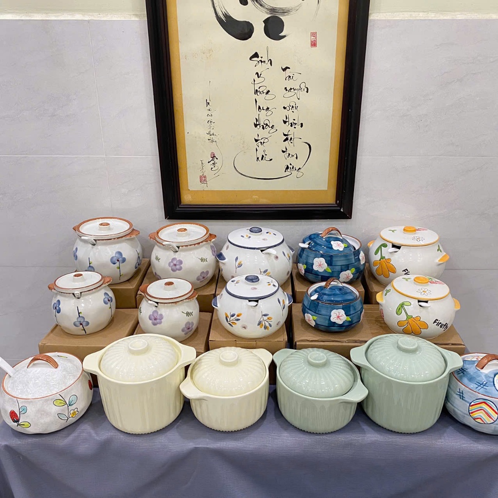 Hủ Đựng Mỡ, Gia Vị bằng Gốm sứ, có tay cầm, có kèm muỗng sứ,Liễn Đựng Mỡ, Gia Vị có kèm muỗng sứ (Có