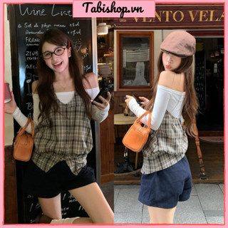  Set áo dài tay trễ vai phối áo ghile yếm caro TABISHOP Set 2 áo nữ kiểu dáng dễ thương mặc thu đông đi dạo chơi 234  