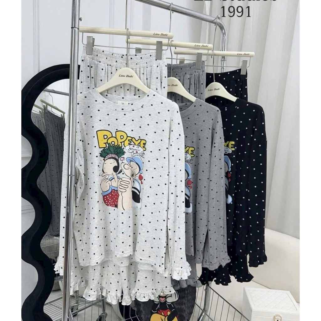 Bộ Ngủ Thun Cotton Nữ Chấm Bi Hình Pope