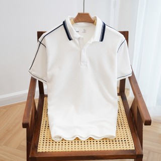   MANDINNI PREMIUM  Áo thun polo RAYON chất vải cotton waffle premium cao cấp chuẩn form năng động màu trắng viền navy 