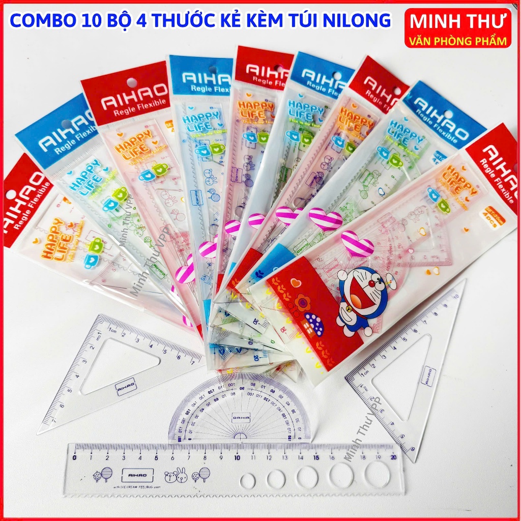 (SỈ ) Combo 10 Bộ 4 thước đo 20cm tiện dụng cho học sinh - đo góc, eke, thước thẳng túi NILONG - Min