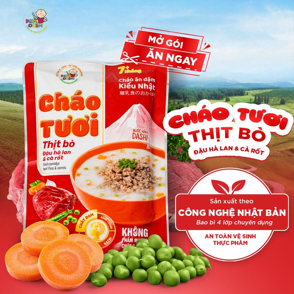 Cháo tươi thịt bò đậu hà lan và cà rốt Papa Dashi 240g thơm ngon, dinh dưỡng, đảm bảo chất lượng và an toàn thực phẩm
