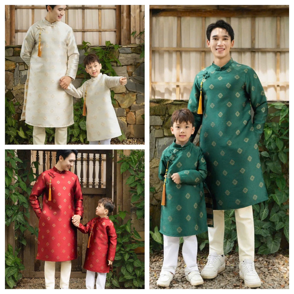 Áo dài bố và bé trai mặc Trung thu, Tết 2026, áo dài nam, áo dài bé trai, vải gấm 2 lớp - áo dài Ngọc Diệp - ND25.961