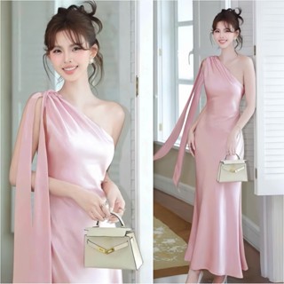  Đầm Lụa Lệch Vai A120  Lệch Phải  Dáng Dài Body Phối Tà Sang Chảnh 2 Màu Hồng - Kem Váy Dự Tiệc Hẹn Hò Dạo Phố Dress 