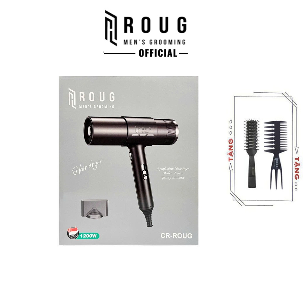 Máy sấy tóc Roug Men's Grooming 1200w ion âm cao cấp chính hãng nam nữ + Tặng 2 lược tạo kiểu tóc
