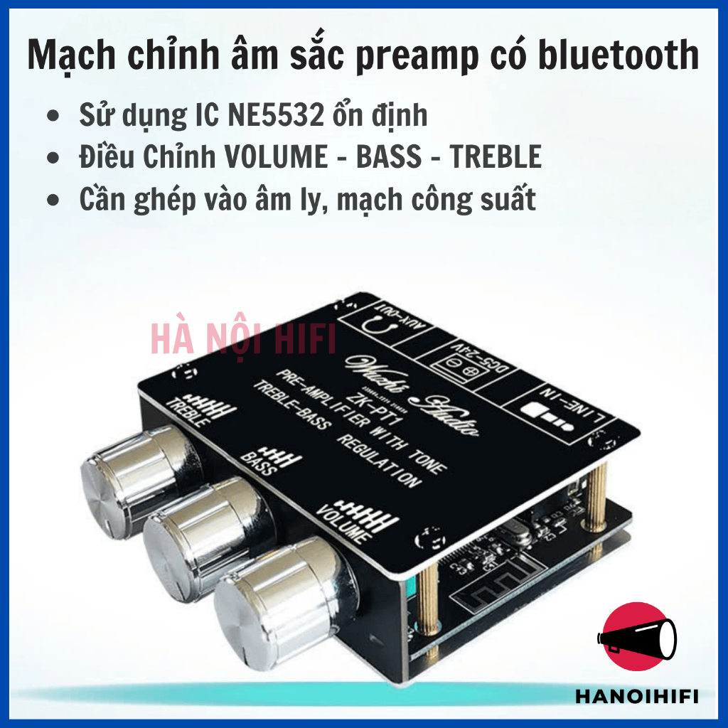 ZK PT1, mạch âm sắc Pre-Amp kèm sẵn bluetooth, wuzhi zk pt1 chỉnh bass treble volume