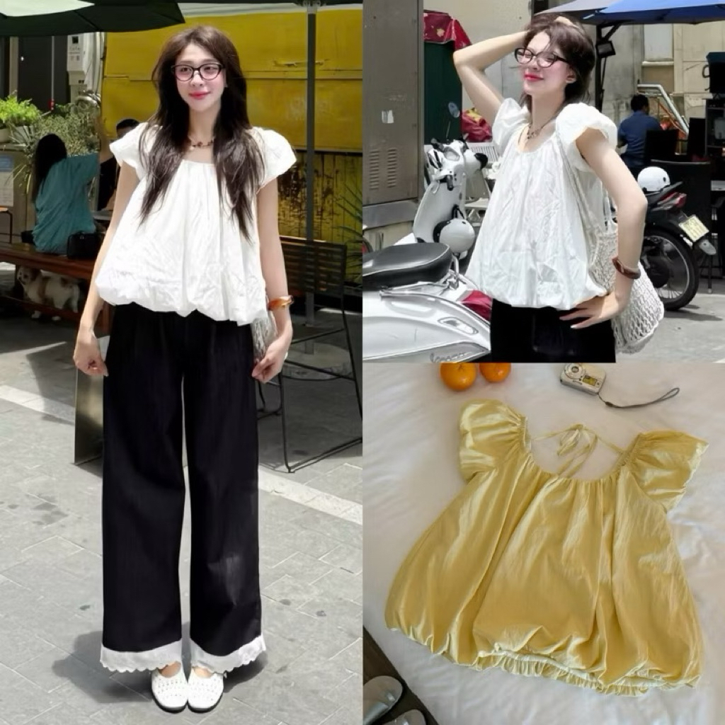 (ẢNH OLDSCHOOL) Áo bí dù tay ngắn dáng phồng cổ U thắt dây DARA TOP M3800 Shees Clothing