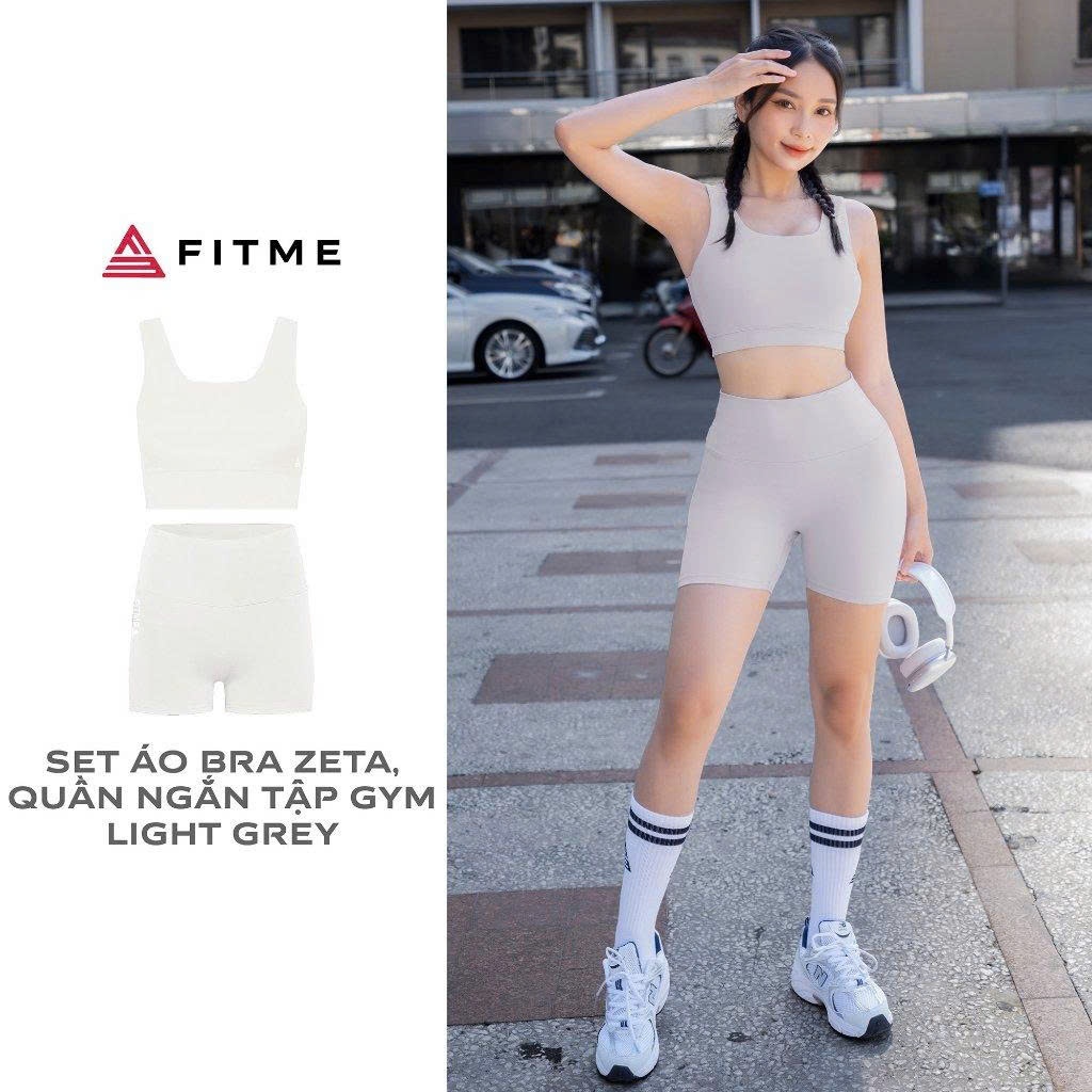 Bộ đồ thể thao nữ Fitme áo bra Zeta, quần legging đùi Light Grey tập gym yoga