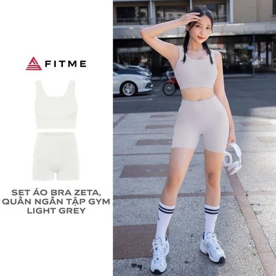 Bộ đồ thể thao nữ Fitme áo bra Zeta, quần legging đùi Light Grey tập gym yoga