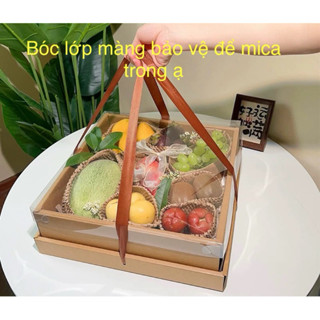 Hộp vuông kraft đựng trái cây, hộp đựng hoa quả nắp mica trong, hộp mica đựng hoa quả trái cây làm đồ biếu, tặng sang