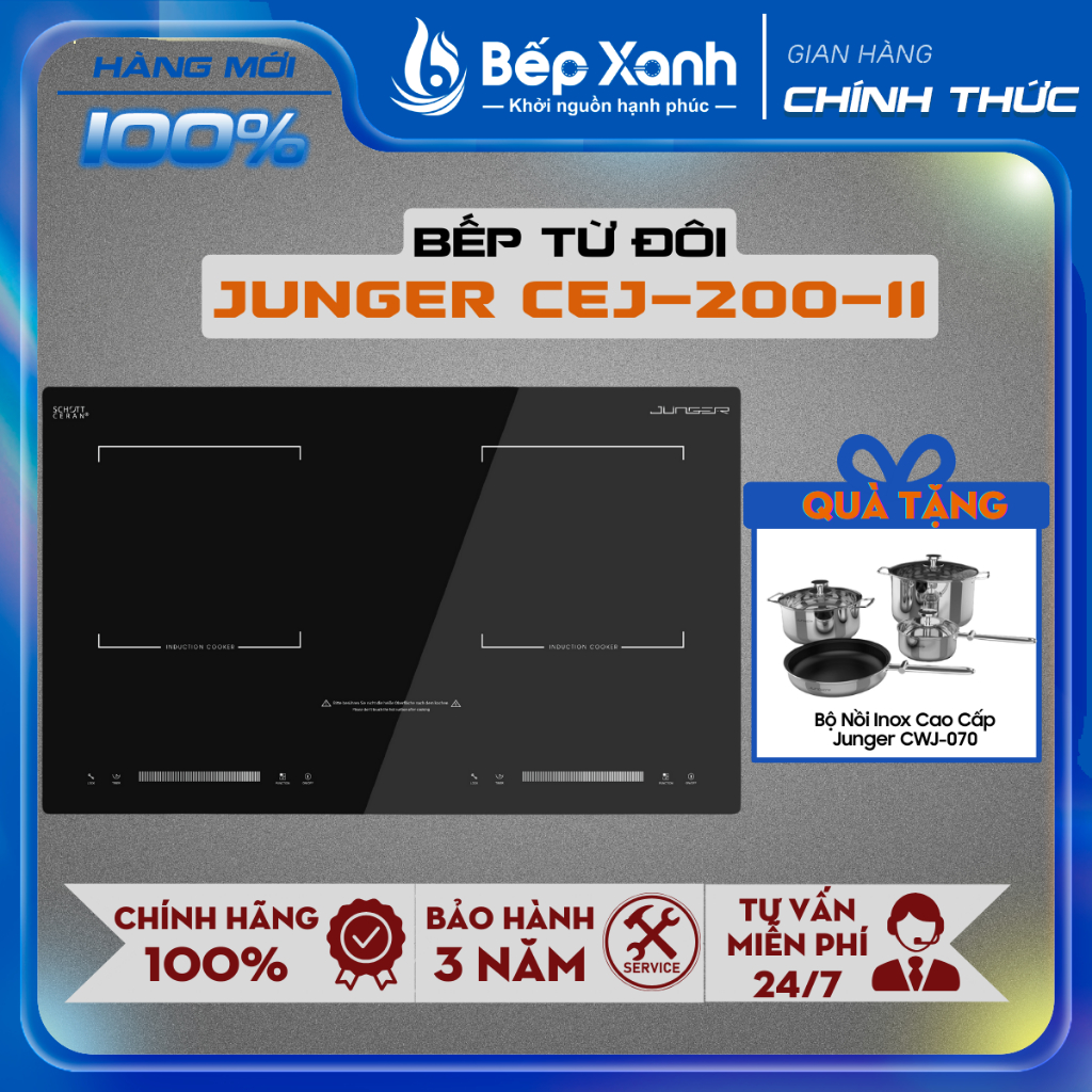 [TẶNG BỘ NỒI JC-200] Bếp Từ Đôi Junger Inverter CEJ-200-II -Công Suất Tổng 4000W - Bảo Hành 3 Năm