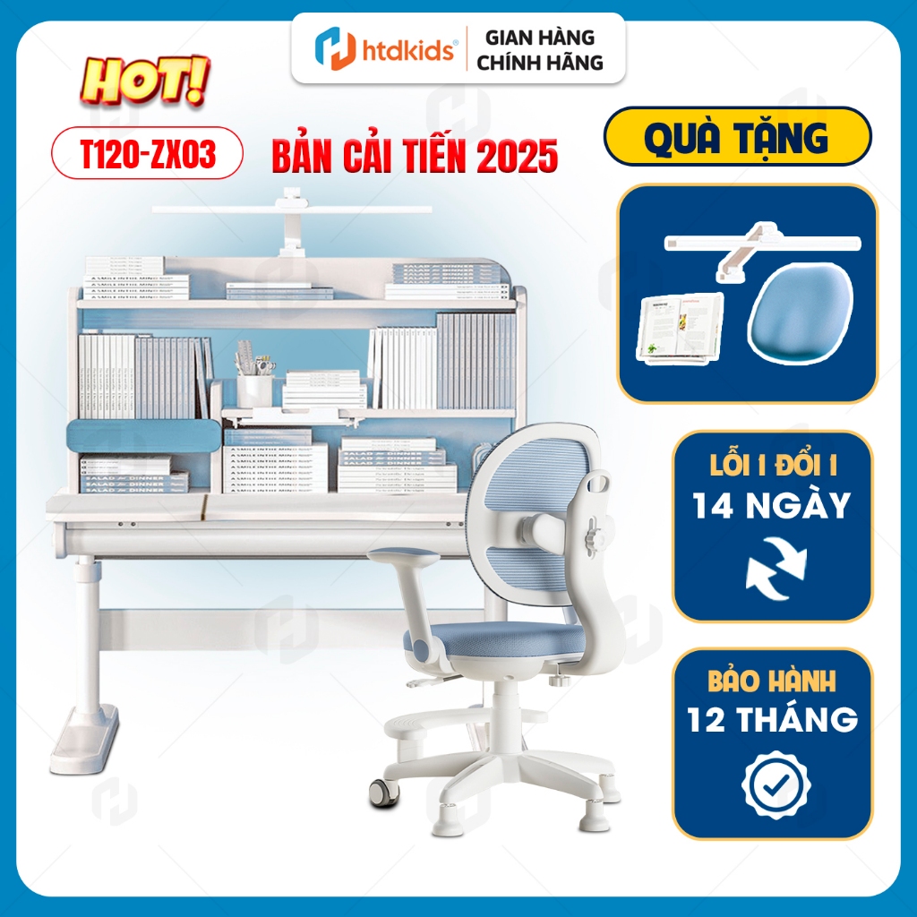 Bộ Bàn Ghế Học Sinh Chống Gù HTDkids T120 (1m2) Nâng Hạ Chiều Cao Có Giá Sách + Tặng Đèn