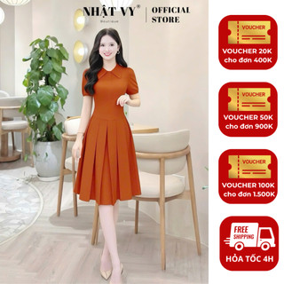  Đầm nữ Nhật Vy cổ tim tay ngắn dáng xoè chất lụa công sở dự tiệc màu cam nude xanh - D3474 