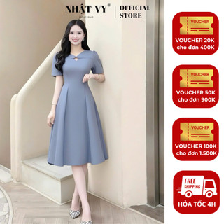  Đầm nữ Nhật Vy cổ tim tay ngắn dáng xoè chất lụa công sở dự tiệc màu nâu xám xanh đen - D3473 