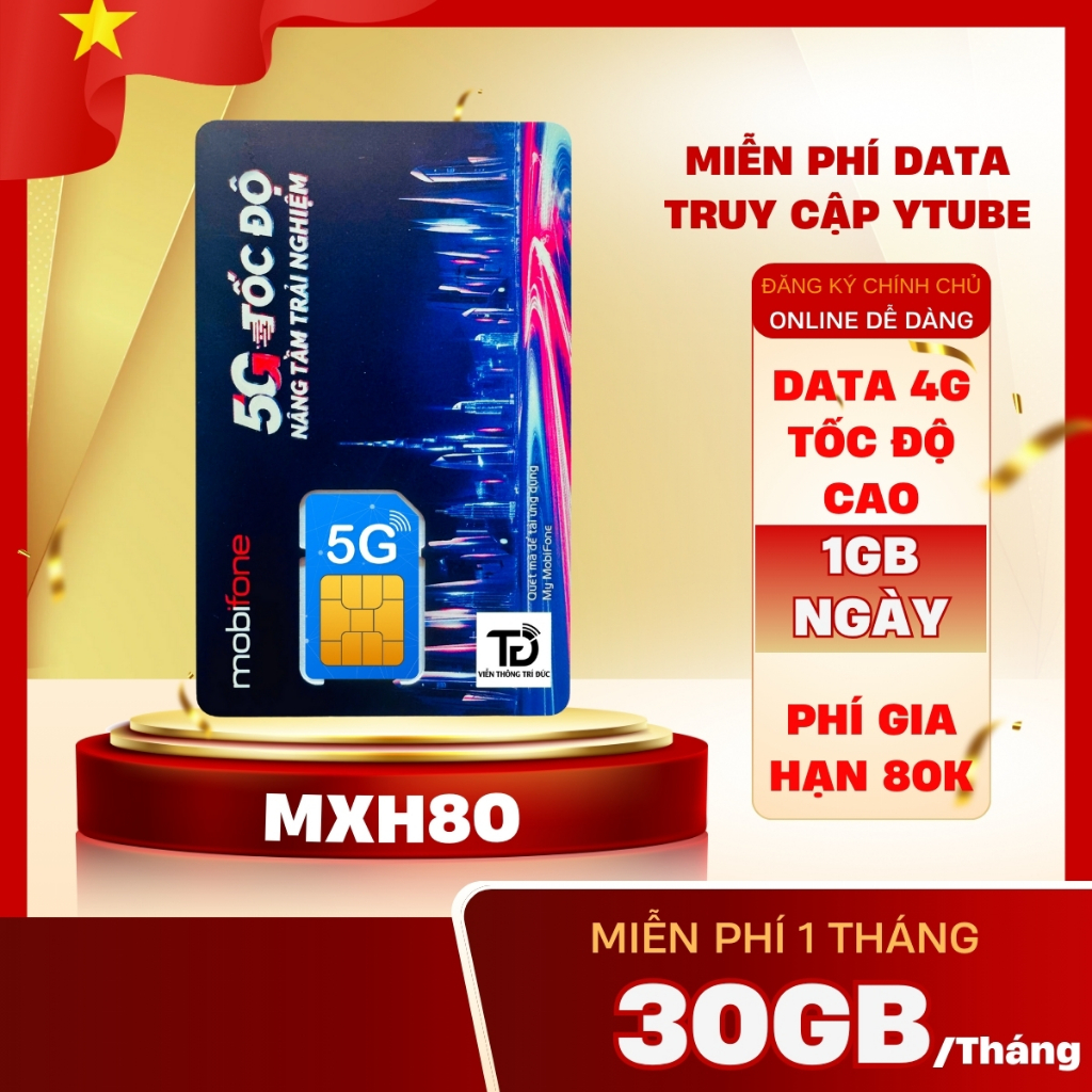 Sim 4G Mobifone Không Giới Hạn Data MXH80, Sim Mạng MobiFone VNSKY/Local Data 60Gb -180Gb/Tháng, Fre
