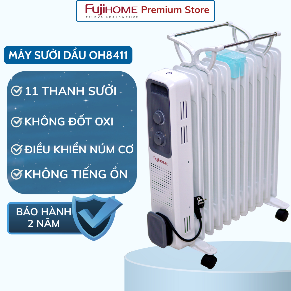 Máy sưởi dầu Fujihome OH8411 - 11 thanh, công suất 2200W, không đốt cháy oxy, bảo vệ quá nhiệt