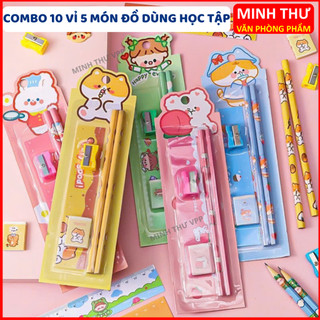 (SỈ) Combo 10 Set quà tặng dụng cụ học tập 5 món dễ thương gồm bút chì, gôm, thước, gọt chì - quà tặng giá rẻ học sinh