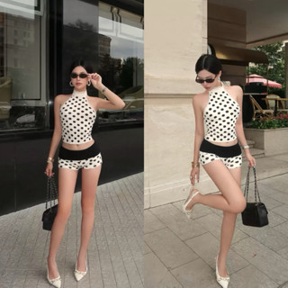  Set áo yếm chấm bi kèm quần short ôm body nữ phong cách Hàn Quốc Set đồ nữ đi chơi sexy gợi cảm đi chơi đi biển 