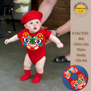 Sẵn Ship Noel - Set body Tết yếm thêu lân tặng kèm mũ và tất đỏ cho bé trai bé gái phong cách Hàn Quốc size 4-12kg