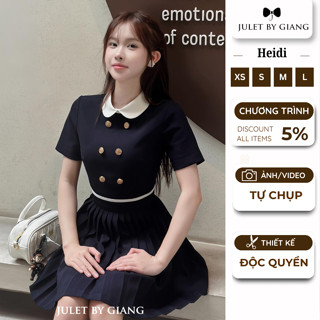 [SẴN HÀNG] Váy liền thân xếp ly Heidi Dress phối cổ sen trắng cúc đồng thanh lịch