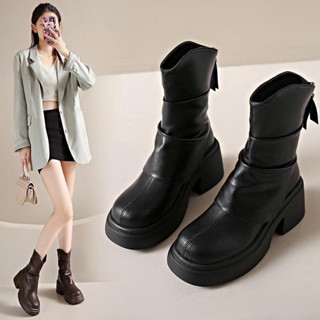  Bốt Lửng Nữ Đế Xuồng Gót Chunky - Bốt Da Mờ Khóa sau Xinh Xắn  MSP: A9 