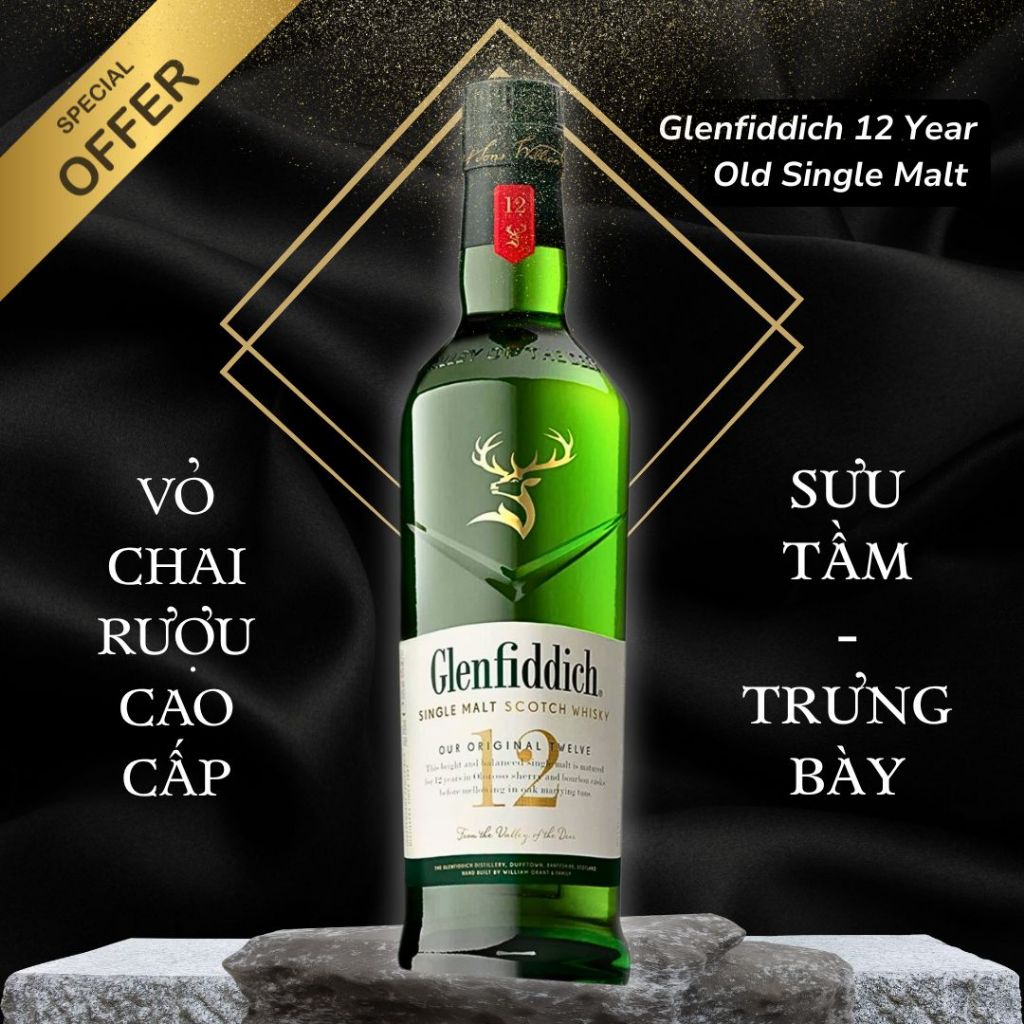 [KÈM HỘP] Vỏ chai rượu cao cấp Glenfiddich 12 năm trưng bày sưu tầm decor bàn làm việc decor phòng