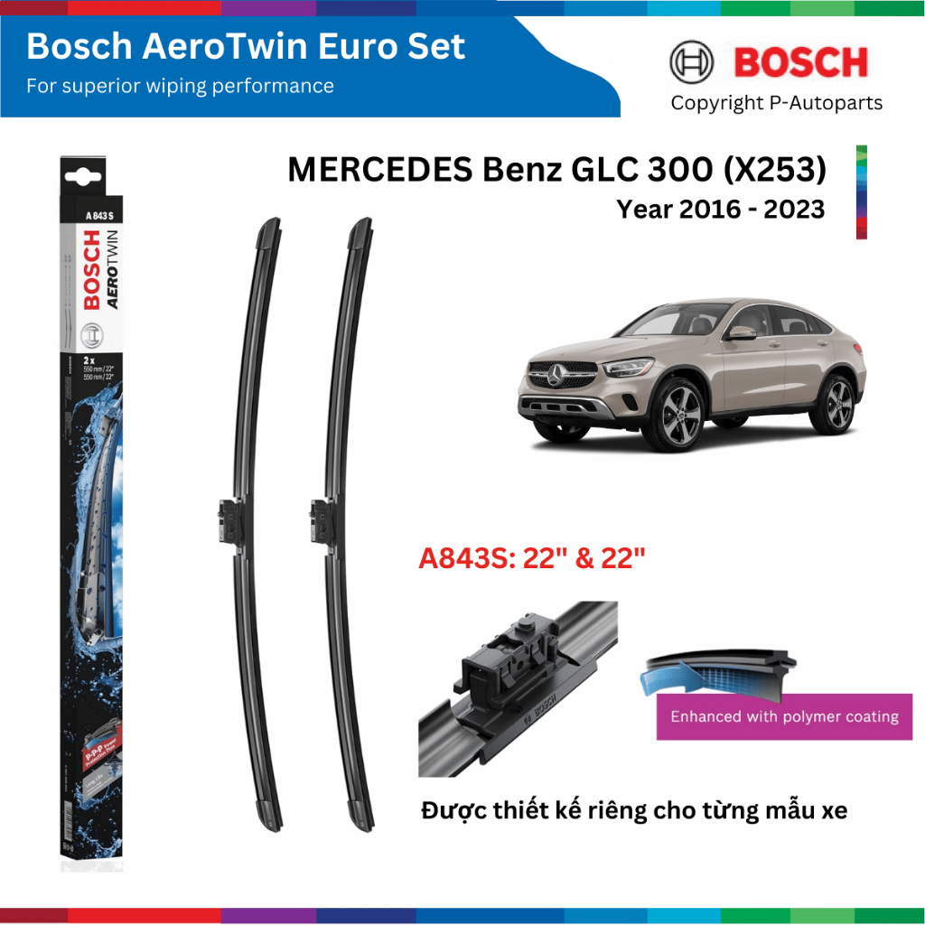 Bộ gạt mưa BOSCH AeroTwin Euro Set 22" & 22" xe MERCEDES Benz GLC 300 (X253 X254) đời 2016 đến nay