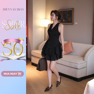 Set áo sát nách cổ V cài vạt trước và chân váy xoè THUYVANTRAN
