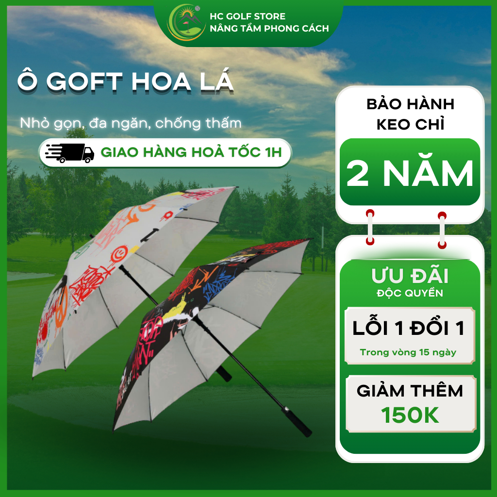 Ô chơi Golf chống nắng siêu nhẹ, siêu bền, họa tiết hoa lá cành, chất liệu vải dù - HC GOLF STORE