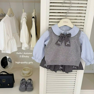 Set bộ đi học thu đông Hàn Quốc, Đồ bộ bé gái 3ct áo sơ mi tay bồng mix gile len phối chân váy xếp ly 10-30kg Tini Kids