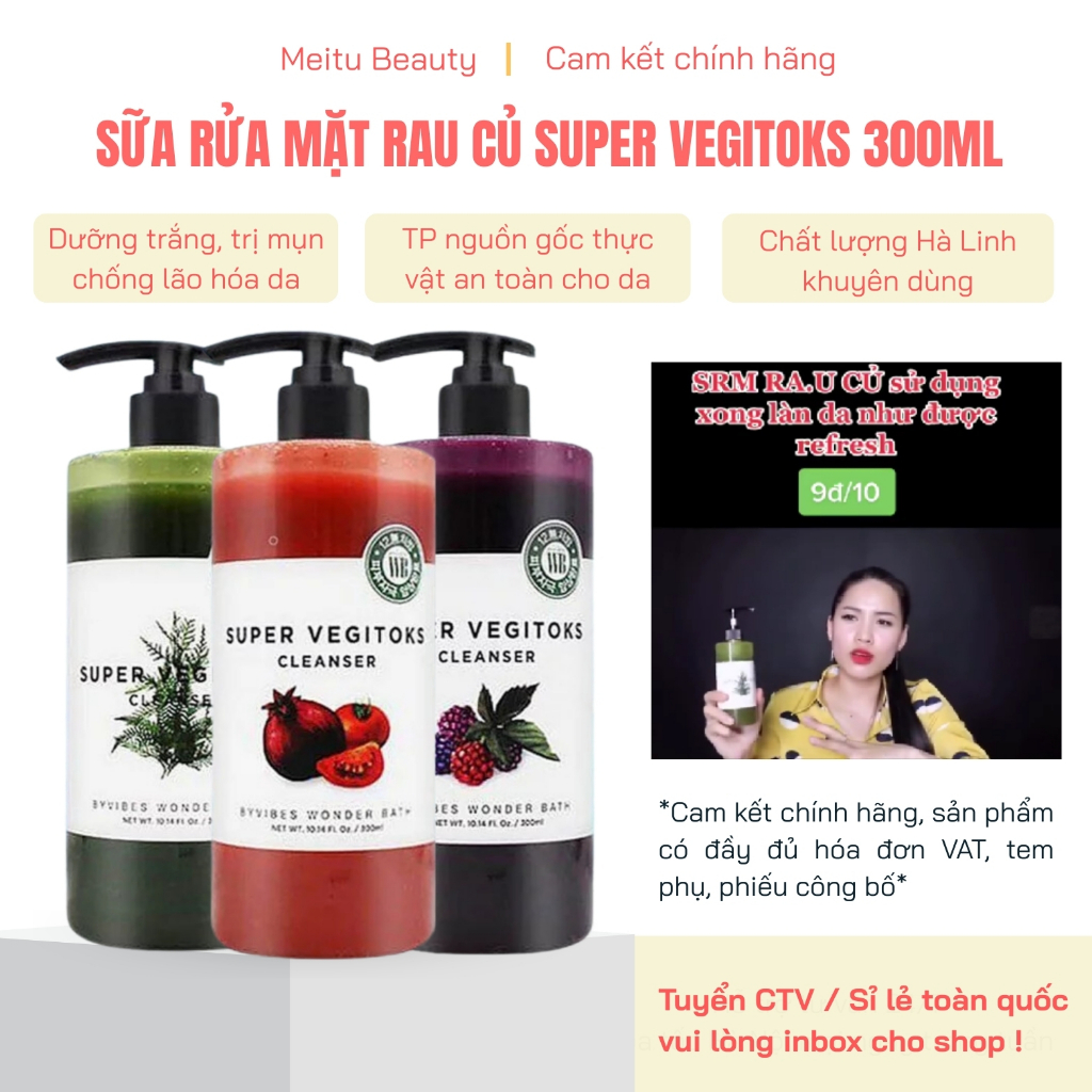 Sữa rửa mặt rau củ Super Vegitoks Cleanser 300ml, Srm rau củ hàng c.ty có VAT, Meitu Beauty