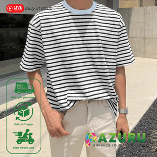 Áo thun PAZURU unisex BSTRIP cổ tròn chất thun gân sọc ngang form rộng Menswear