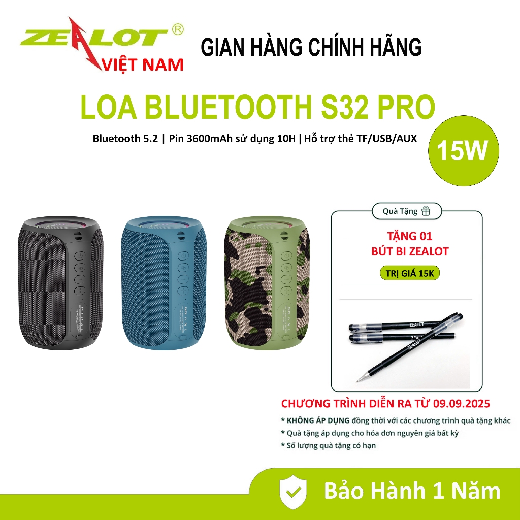 Loa Bluetooth 5.2 không dây Zealot S32 Pro 15W | loa siêu trầm | Pin 3600mAh | Thời gian phát 12 giờ