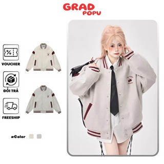  Áo khoác bóng chày nữ GRADPOPU phối sọc năng động chất nỉ dày dặn siêu ấm dáng rộng phong cách PAK08 