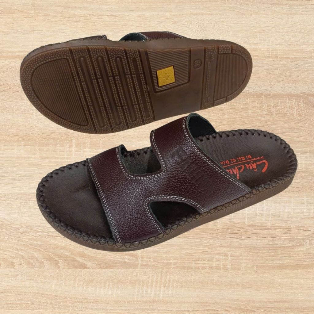 Dép da nam da bò thật , Dép nam quai ngang chữ N thời trang thoáng khí ôm chân may viền thủ công chắ