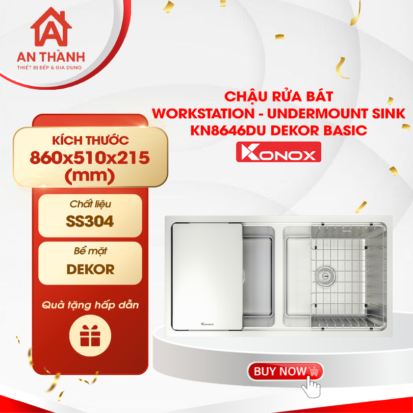 Chậu rửa bát Konox Workstation - Undermount Sink KN8646DU Dekor Basic - Thiết kế hiện đại, tiện ích