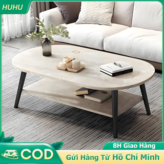 HUHU 90cm Bàn sofa, bàn trà hình Ovan 2 tầng, chân gỗ tự nhiên cao cấp ( giá tại xưởng)