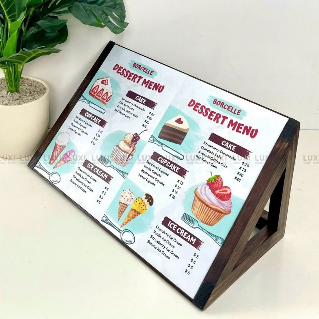 HCM l KỆ GỖ TAM GIÁC ĐỂ MENU TẠI QUẦY VỪA GIẤY SIZE A3, KỆ MENU ĐỂ BÀN HÌNH TAM GIÁC - LUXI DECOR HC