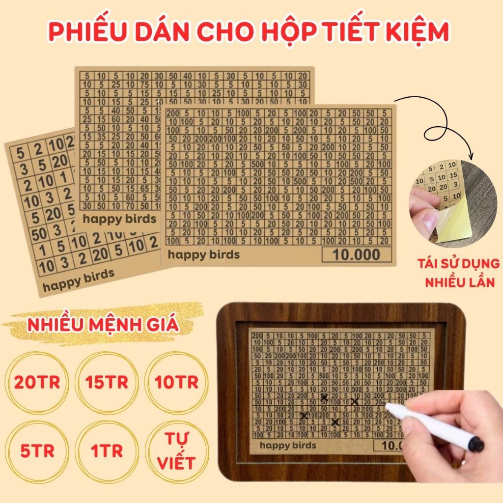 Phiếu dán mệnh giá tái sử dụng hộp gỗ tiết kiệm nhiều lần theo dõi chi tiêu nhiều mệnh giá Happy Birds