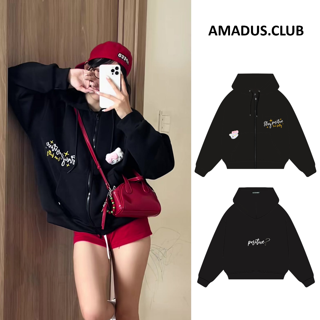 [ Tặng gấu ] HOODIE ZIP BOXY THÊU NỔI " Stay Positive " khoá kéo 2 chiều Nỉ Bông Unisex - HDB06