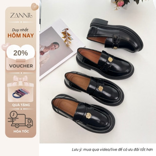 [BST] Giày Lười/ Loafer Nữ Da Mềm Đế Cao 3cm Trang Trí Họa Tiết Hoa Trà Phong Cách Đi Học Đi Làm
