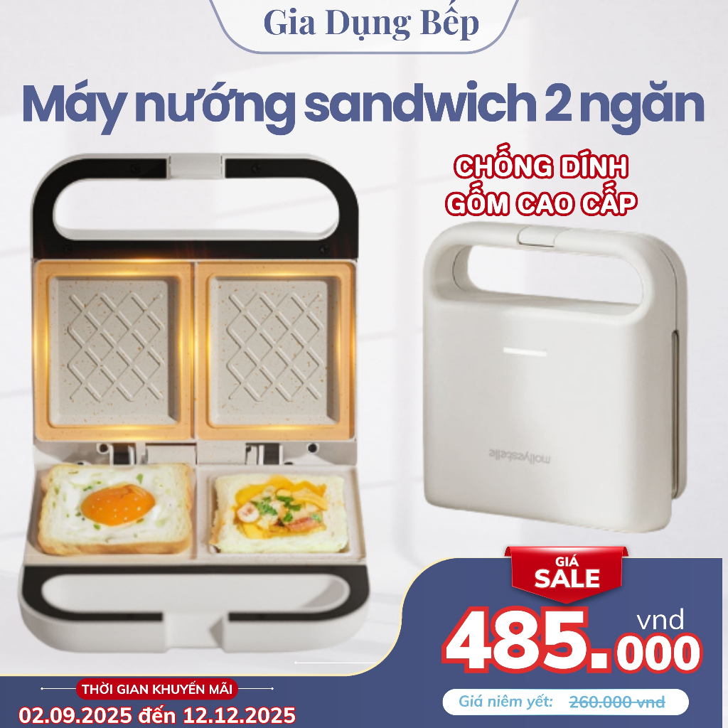 Máy kẹp bánh mì sandwich 2 ngăn, máy làm bánh thức ăn nhẹ đa chức năng nhanh gọn công suất cao chống dính gốm cao cấp