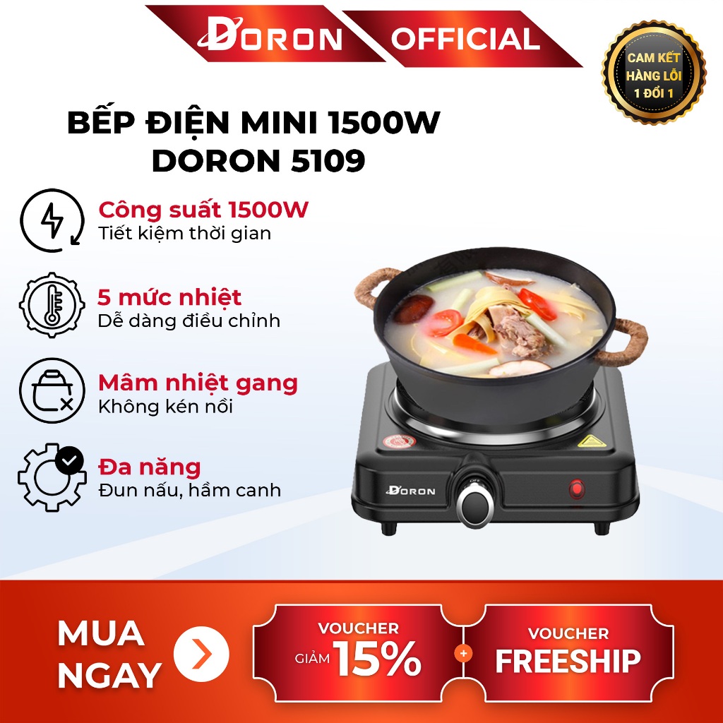 Bếp điện đơn, bếp điện đa năng DORON 1500W chống quá nhiệt, an toàn cho mọi gia đình