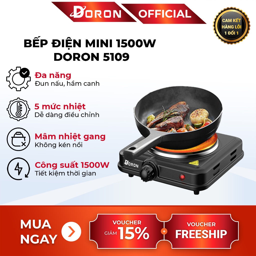 Bếp điện đơn mini DORON 1500W kiểu dáng hiện đại, màu đen sang trọng [ BH_ 6 Tháng]