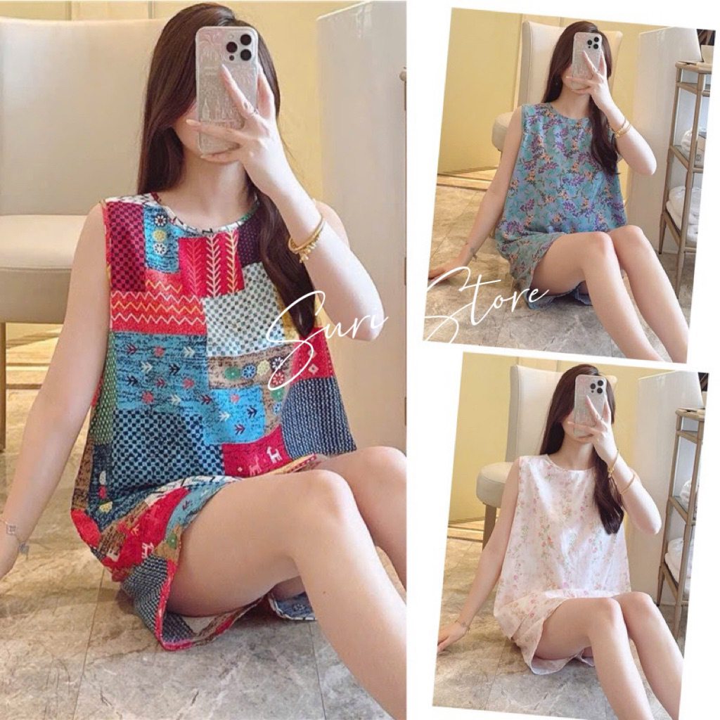 Bộ ngủ lanh tole mặc ở nhà dành cho nữ, bộ áo ba lỗ và quần đùi vải lanh mềm mát, họa tiết trẻ trung, size từ 45 -