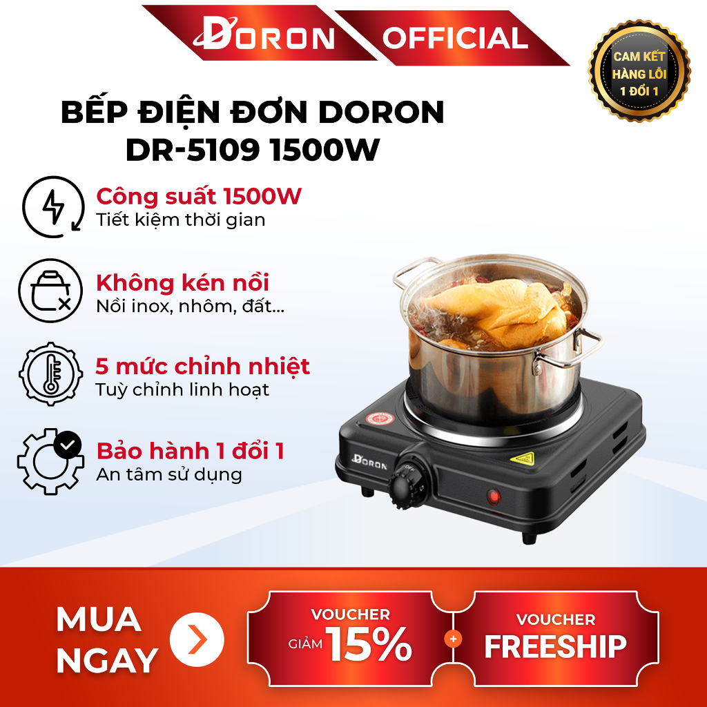 Bếp điện DORON 1500W lớn nhất thị trường, gia nhiệt kép không kén nồi