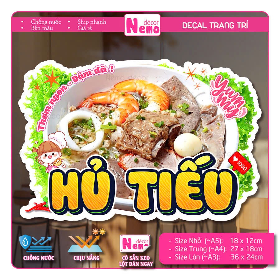 Decal Trang Trí Hủ Tiếu, Tranh Dán Quán Ăn, Cà Phê, Dán Tường, Tủ, Kính, Xe Đẩy - Sticker Chịu Được 