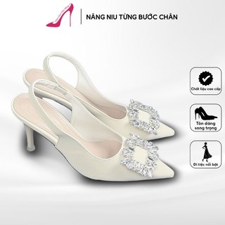  Giày Cao Gót Nữ Mũi Nhọn Hở Gót Đính Đá Vuông Sang Chảnh Da Lì Cao Cấp Màu Đen Kem Gót 5cm 7cm 9cm  Th20  