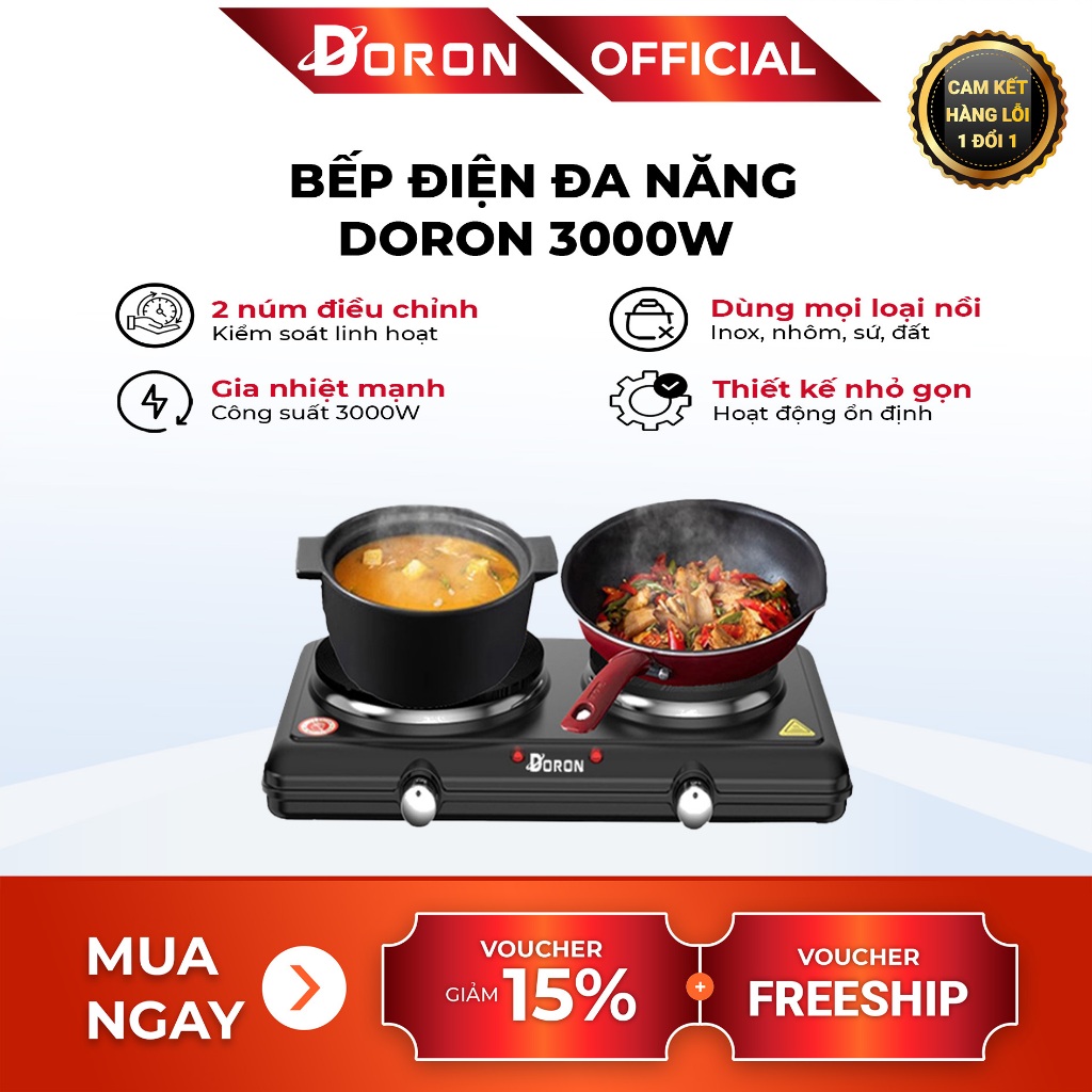 Bếp điện đôi mini DORON 3000W đun nấu đa năng, pha trà, cafe, hơ lá trầu